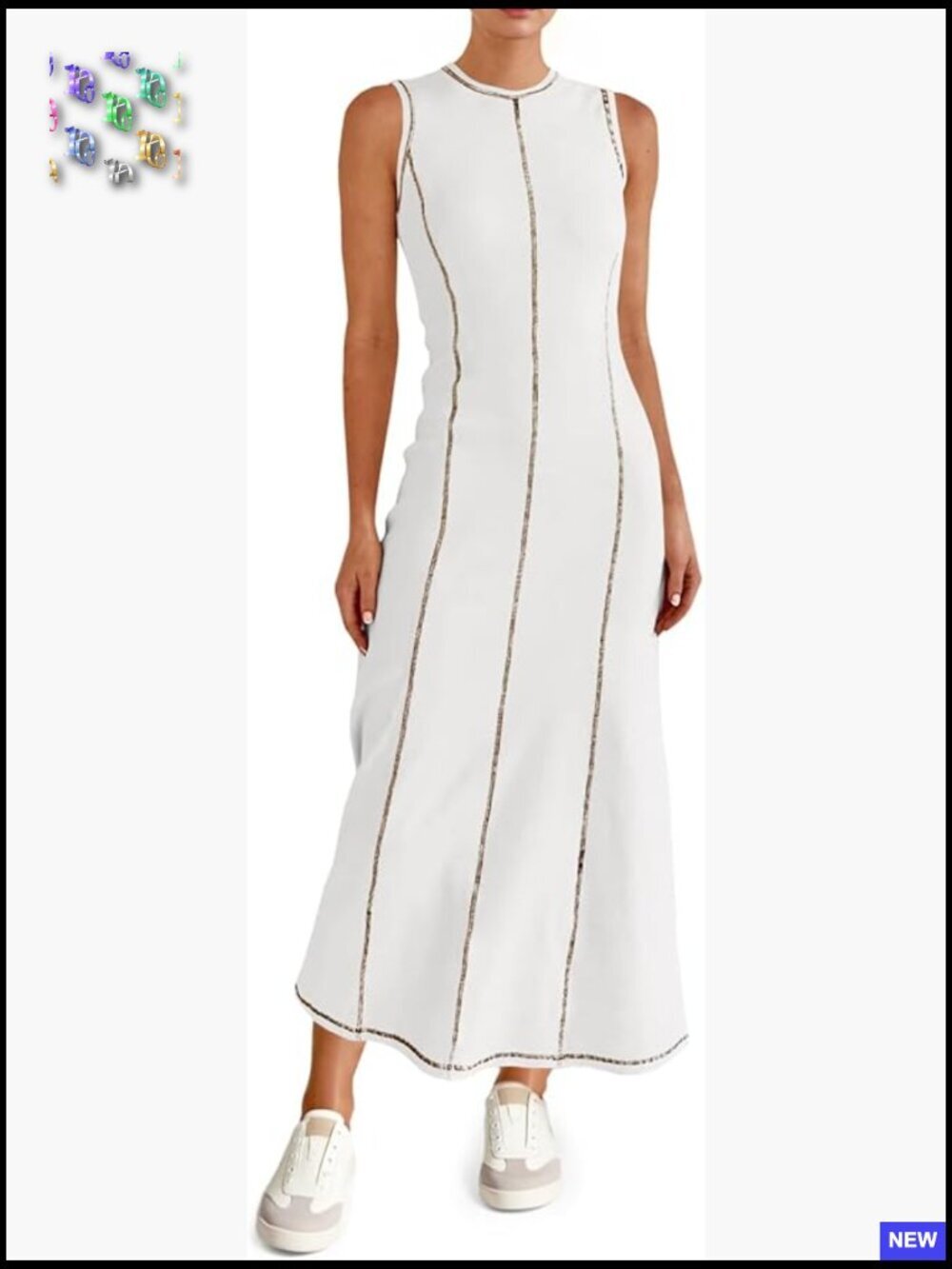 Sleeveless Ribbed Knit Midi Dress Contrast Stitch Casual Summer Fit & Flare